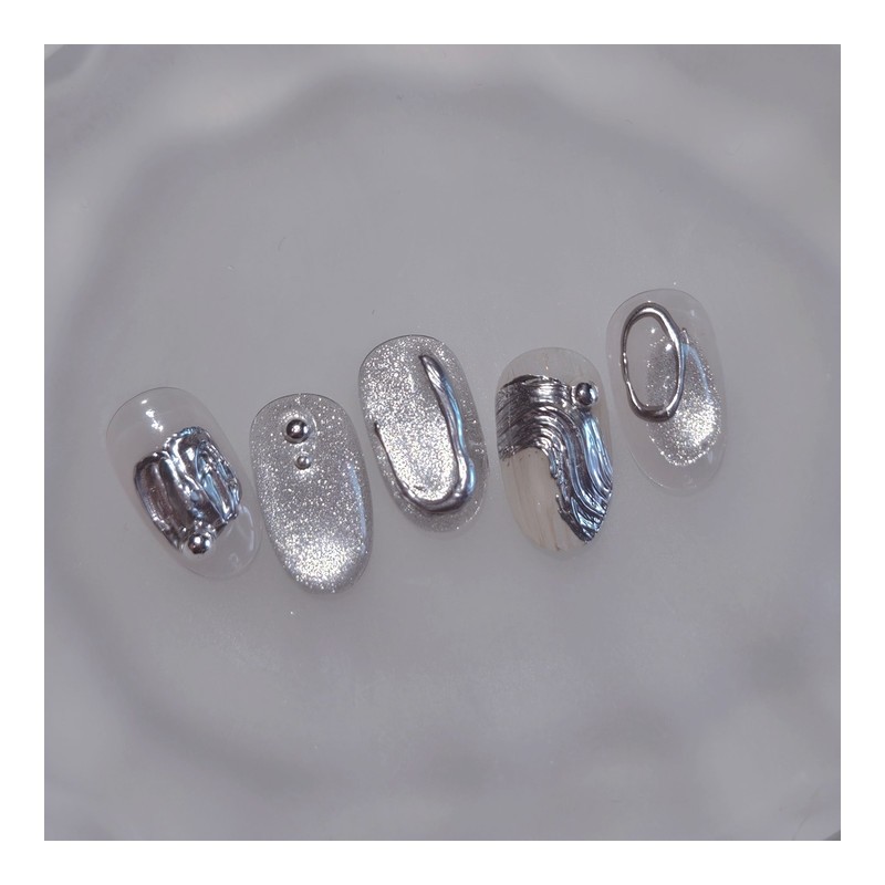 Chrome Object Handmade Nail Tip Silver Nail - Almond Short