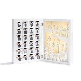 LampLust Wooden Advent Calendar with Drawers, 12 Inch Reusable Advent Calendar with Lights, White Wood, Battery Operated, Empty Boxes to Fill, Decorative Fold Out Wood Advent Calendar for Kids