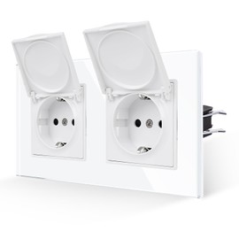 JIMEIDA Double Socket Glass White with Waterproof Cover with Hook 16 Amp Socket Tempered Glass Panel Wall Socket 157 x 86 mm