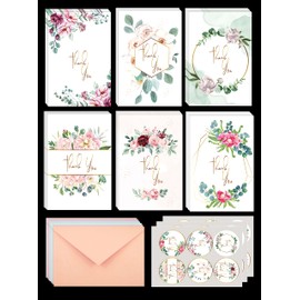 WHOLISTIC JOY Thank You Cards 48 ct Set | 6 Floral Designs Stationary | Gold Foil | Matching Envelopes & Stickers Designs | Special Occastion | Wedding, Birthday, Graduation, Baby Shower