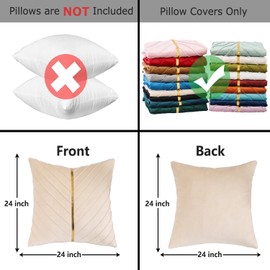 Tosleo Cream Velvet Throw Pillow Covers 24x24 Pack of 2 with Gold Leather Decorative Couch Pillow Cover Luxury Modern Pillowcases for Living Room Bedroom Sofa Cushion Bed 60x60CM