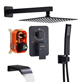 Ameletai Shower Faucet Set, Black shower system with Square Rainfall Shower head, Handheld Wall Mounted Showerhead and Waterfall Tub Spout, 12 Inch, Metal Shower Faucet Trim Repair Kits