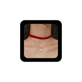 Cybche Vintage Layered Snowflake Necklace Red Velvet Choker Necklace Cz Snow Flower Necklace Snowflake Velvet Necklace Short Suede Collar Necklace Jewelry for Women