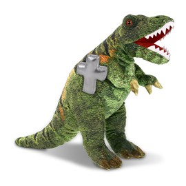 DolliBu T-Rex Dinosaur Stuffed Animal with Silver Cross and Personalization - Baby Baptism Gifts for Boys and Girls, Dedication Christening Gifts Plush Prayer Toy Healing Teddy Bear - 16 Inches