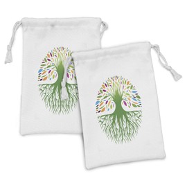 Ambesonne Tree of Life Fabric Pouch Set of 2, Colorful Round Abstract Tree Life and Soul Eco Nature Design Image, Small Drawstring Bag for Toiletries Masks and Favors, 9" x 6", Multicolor