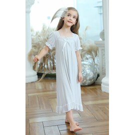 CHUNG Little Girls Vintage Victorian Nighties Long Sleeve Lace Square Neck Nightdress Princess Nightgown White Short Sleeve, 7-8 Years