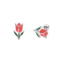 18G Tulip Flower Cartilage Stud Earrings for Women 925 Sterling Silver Enamel Flowers Tragus Helix Sleeper Studs Screw Back Tiny Ball Small Earring Cute Birthday Valentine's Day Jewelry Gifts Hypoallergenic (Pink)