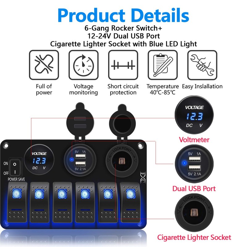 FXC Waterproof Marine Boat Rocker Switch Panel 6 Gang with