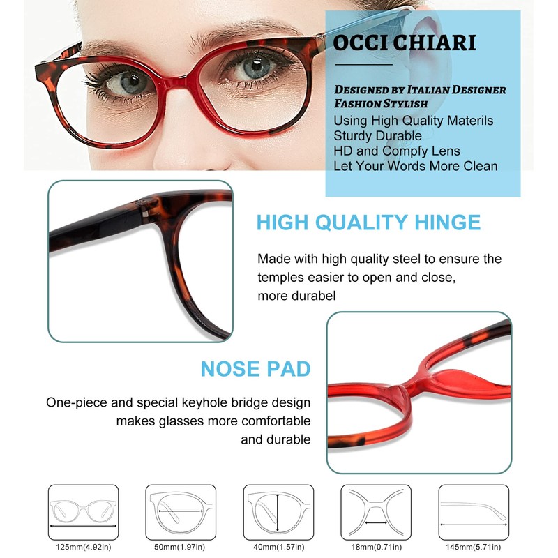 OCCI CHIARI Women's Blue Light Blocking Glasses High Power 3.0x,