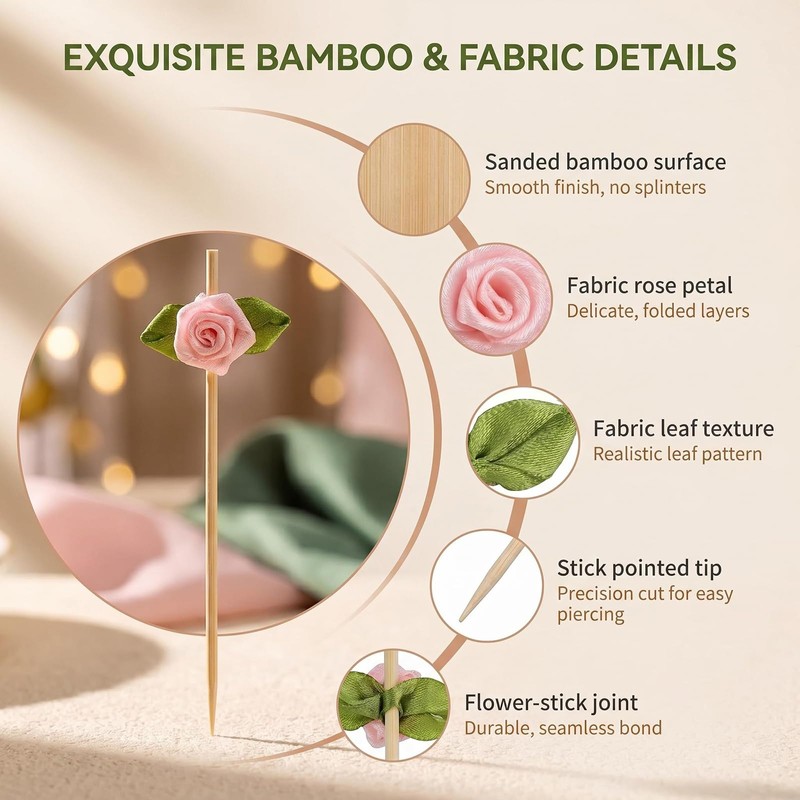 100 Pcs Pink Rose Cocktail Picks, Bamboo Decorative Toothpicks