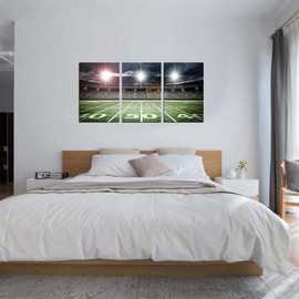 Large Artwork American Football Dormitory Kids Room Canvas Wall Art Green Spotlight Rugby Field Match Sport Picture for Boy Bedroom Playroom Wall Décor Framed 16x24inch