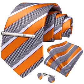 DiBanGu Mens Striped Tie Silk Woven Necktie and Pocket Square Cufflinks Tie Clip Set Wedding Business Formal Gift Tie for Men, Orange and Grey