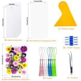 Cardstock Blank Bookmarks Set, 8 Pcs DIY White Craft Bookmarks for Pressed Flowers, Dried Floral Book Mark Making Kit with 36 Pcs Pressed Flowers, 8 Pcs Tassels, Book Marks for Dried Floral