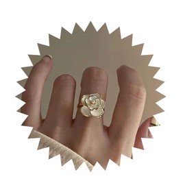 Inilbran Boho Camellia Flower Rings Vintage Pearl Camellia Open Rings White Camellia Pearl Rings Camellia Adjustable Stacking Rings Jewelry for Women and Girls