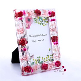 WalcoHome 5x7 Pink Floral Picture Frame for Wall Decor and Tabletop Display Great Memorial Gifts Picture Frames Unique Home Decoration with the Pink Dried Flower Acrylic Photo Frame