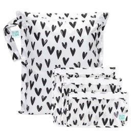 Bumkins Waterproof Wet Bag and Packing Pouches, TSA Airline Compliant, Pack for Baby, Travel, Swim Suit, Cloth Diapers, Pump Parts, Pool, Gym Clothes, Toiletry, Daycare, Zip Bag, 4-pc Set Black Hearts
