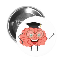 Round Pinback Button Brooch Smart Brain Graduate Genius College Professor Student School Happy Cartoon (White, 1.25" Inch)