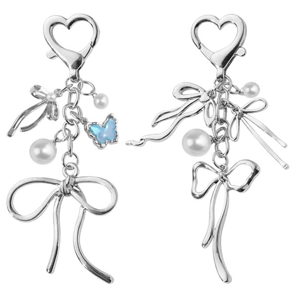 2pcs Silver Bow Keychains for Women Cute Keychain Charms Heart