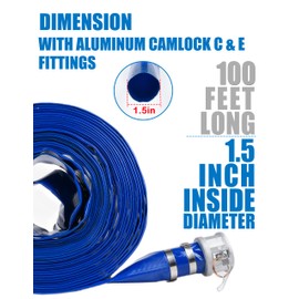 ZYfire Backwash Hose - 1-1/2" x 100 FT PVC Lay Flat Discharge Hose with Aluminum Camlock C & E Fittings Heavy Duty Reinforced Pump Discharge Hose Weather and Burst Resistant for Pool Drain, Sump Pump