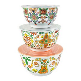 TP Large Mixing Bowl Set with Lids, Melamine Nesting Bowls Set for Pasta Baking Salad Mixing, Set of 3, Aztec Bloom