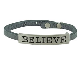 Leather Wristband with BELIEVE metal Plate in Glitter Pewter