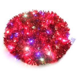 CCINEE Christmas Prelit Tinsel Garland, 33 Ft Red Garland Hanging Garland with 100 Multicolored Battery Operated LED String Lights for Christmas Tree Decoration Wedding Party Supplies