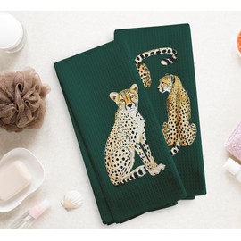 NOQL Preppy Leopard Decor Kitchen Towels and Dishcloths Set of 2, Leopard Cheetah Gifts, Emerald Green Bathroom Decor, Trendy Vintage Cheetah Drying Cloth Hand Dish Towels for Bathroom, 16x24 Inch