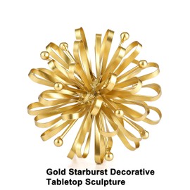 Retrome 6.7" Decorative Metal Starburst Tabletop Shelf Sculpture Accent, Gold Modern Table Decor, Looped Ribbon & Beads Edges Deatiled