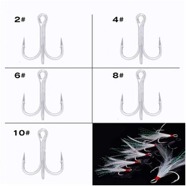 Z&S 50pcs White Feather Dressed Origin Treble Hooks Kit Super Sharp Fishing Treble Hook Assortment Size 2# 4# 6# 8# 10#