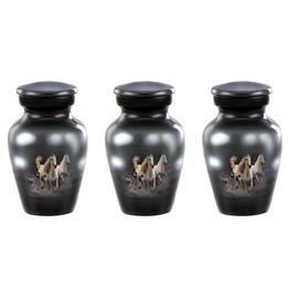 Forever URNS Mini Cremation Funeral Urn with Printed Running Horse Theme for Human Ashes of Female & Male | 3 cu in | Set of 3 | Small | Grey | Completely Handcrafted with Velvet Protection Box