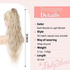 Flufymooz Ponytail Extension, Flexible Wrap Around Ponytail Extension Long Wavy Curly Ponytail Hair Extensions Natural pony tail Synthetic Hairpiece for Women 32 Inch (Dark Blonde to Light Blonde)