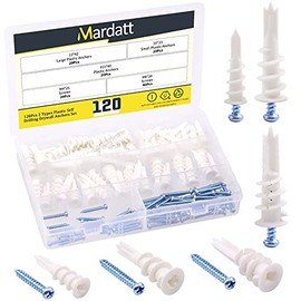 Mardatt 120Pcs Self Drilling Plastic Drywall Anchors with Screws Kit Including Dry Wall Ribbed Anchors, Cross Self-Tapping Screws for Home Decor, Hanging Solution with Storage Box（50-75 lbs）