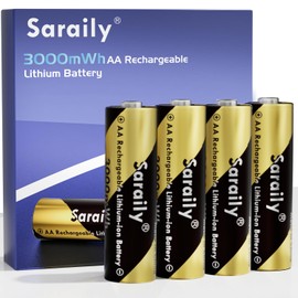 Saraily Lithium AA Batteries 4 Pack, 1.5V 3000mWh Rechargeable Double A Battery for Camera, Doorbell, High Capacity Long Lasting, 3H Fast Charge, Over 2000 Cycles
