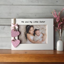 Me and My Little Sister White Photo Frame Gift Pink Hearts 6x4 Landscape New Baby Siblings Keepsake