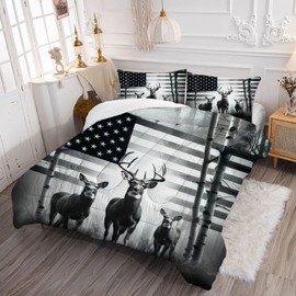 kxry Black and White Elk USA American Flag Comforter Set Full Size Quilt for Boys Kids Teens US Stars Stripes Flags Bedding 1 Comforter + 2 Pillow Cases