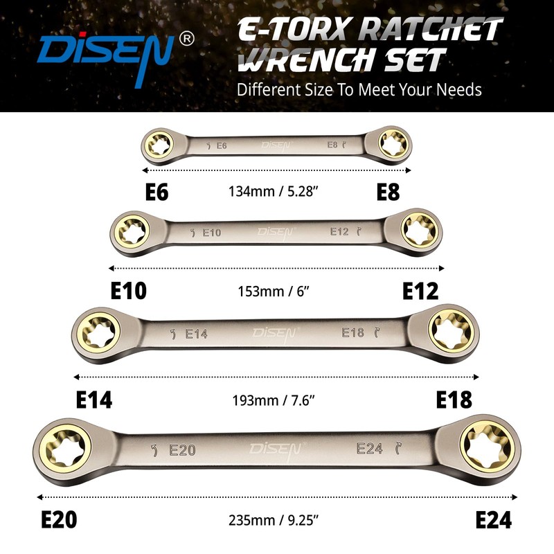 DISEN 2025 Upgraded 4-Piece E-Torx Double Box Ratcheting Wrench Set,