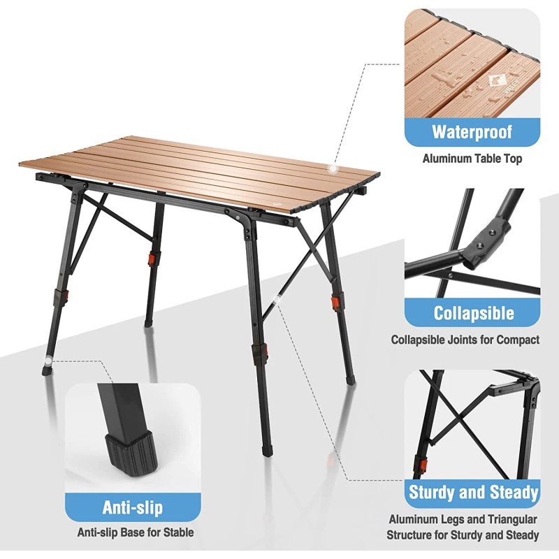 VILLEY Portable Camping Table w/Adjustable Legs Blue/Green/Gol - Gold