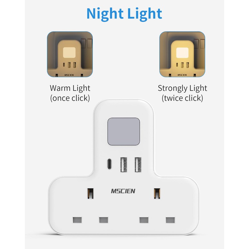 Double Plug Adaptor with USB (1USB-C, 2 USB-A), MSCIEN Plug