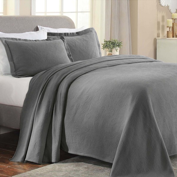 Superior Cotton Matelasse Bedspread Set, Oversized, Lightweight Bedding, 1 Quilt Bedspread, 1 Pillowsham, Coverlet Decor, Jacquard Weave, Paisley Collection, Twin, Grey