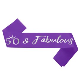 NAUXIUDSJS 50th Birthday Sash, Fabulous 50 Birthday Purple Satin Sash with Silver Foil Letter, Happy 50th Birthday Accessories Decorations Party Favor,Purple Silver