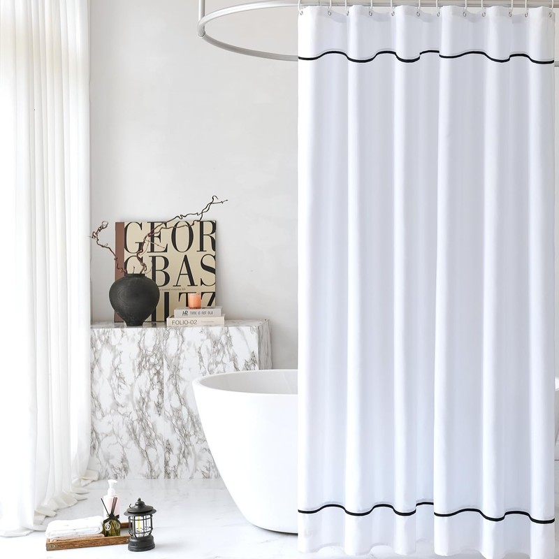 youngseahome White Shower Curtain with Black Border, Modern Chic Faux