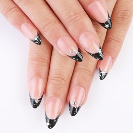 24 Pcs French Tip Press on Nails Medium Almond Star Fake Nails with Rhinestones Design Black French Tip False Nails Reusable Artificial Nails Full Cover French Acrylic Nails for Women Girl
