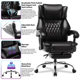 Executive Office Chair with Retractable Footrest, High Back Reclining Computer Desk Chair with Lumbar Massaging Cushion-Multifunctional Home Office Chair with Adjustable Tlit Angle and Height, Black