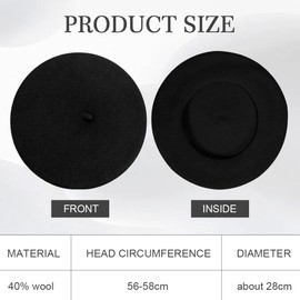 GIDWRIY Beret Women's Beret, Plain Beret, Women's Wool, Beret Artist, Classic, Basque Fashion, Artist Hat, Beret Hat with Cashmere, Beret French, French Hat Barrett, black