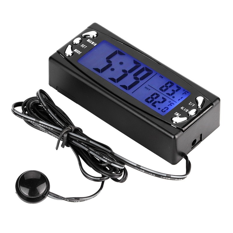 12V Digital Car Thermometer Vehicle Clock LCD Temperature Meter with