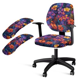 Wanzuoeng Flowers Print Computer Office Chair Covers Set, Washable Office Chair Covers Slipcover Anti-Dust Rotating Boss Chair Slipcovers, Anti-Skid Computer Chair Slipcovers with Armrest Covers