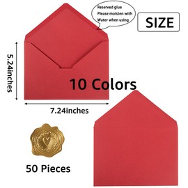 50 Pack A7 Colorful 5x7 Invitation Envelopes with Gold Stickers for 5x7 Cards, Birthday, Weddings, Graduations, Greeting Cards, Baby Shower 5.24 x 7.24 Inches (Multicolor)