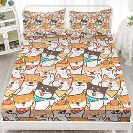 AILONEN Puppy Fitted Sheet Set Full Size, Cute Shiba Inu Dog Bed Sheet Set,Welsh Corgi Dog Puppy Sheets Set,Boys Girls Cartoon Pet Animals Bed Sheets Set 3 Pieces, 1 Fitted Sheet and 2 Pillowcases
