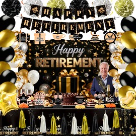 Retirement Party Decorations for Women Black and Gold Happy Retirement Decorations Set with Backdrop Banner Balloons Tablecloth Honeycomb Centerpieces Hanging Swirls Office Retired Farewell Decor Supplies