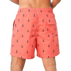 SILKWORLD Mens Swim Trunks Quick Dry Swimsuit Beach Shorts with Pockets, Anchor(red Orange), X-Large